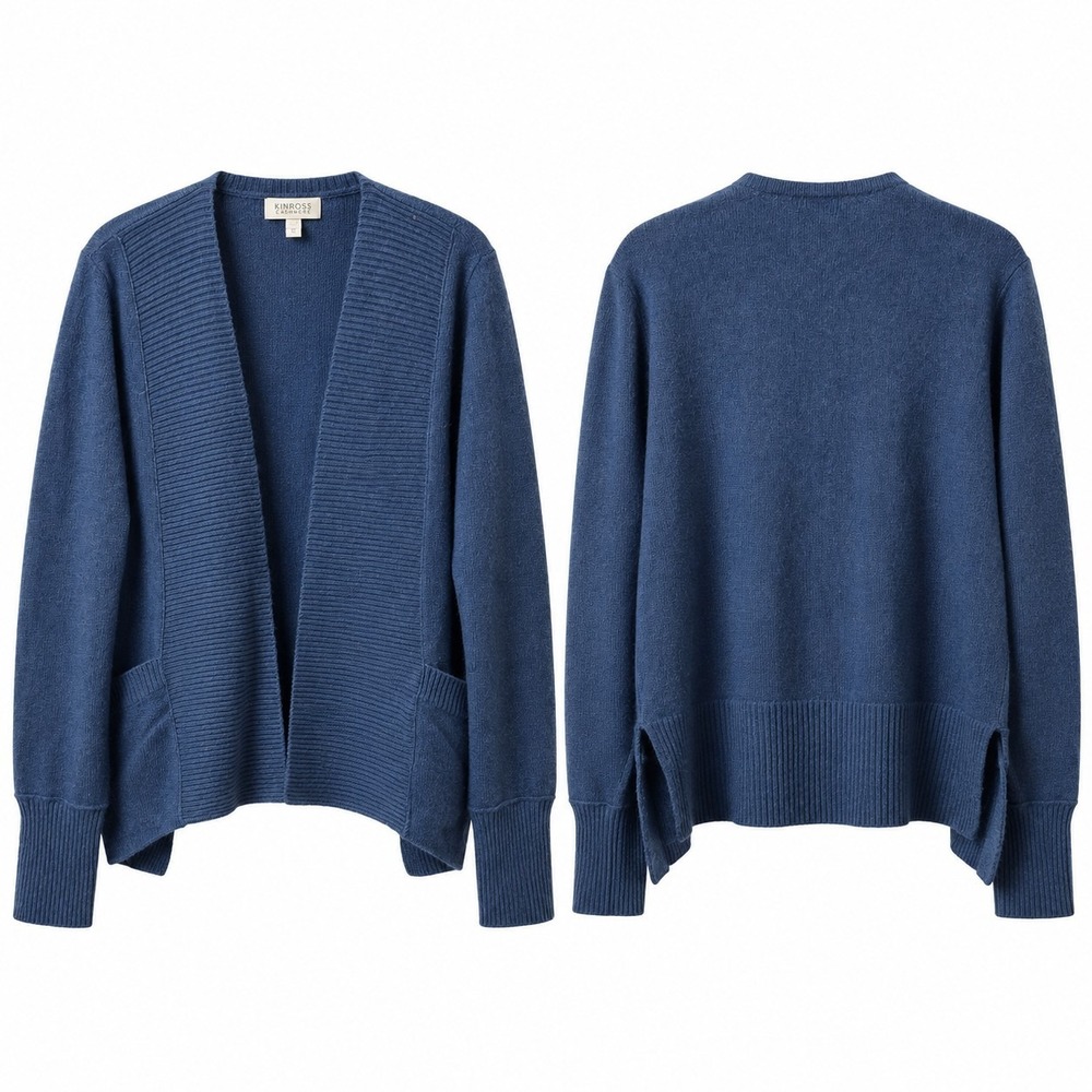 KINROSS Cashmere Waterfall Open-Front Cardigan Sz XL Blue Ribbed Knit Pocket NWT